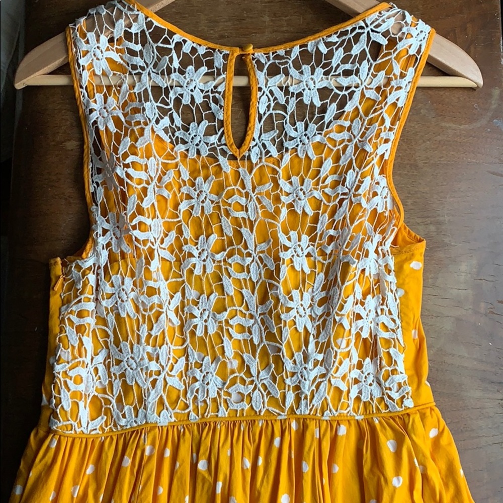 Anthropologie Moulinette Soeurs Marigold yellow dress w/ battenburg lace - Picture 4 of 8